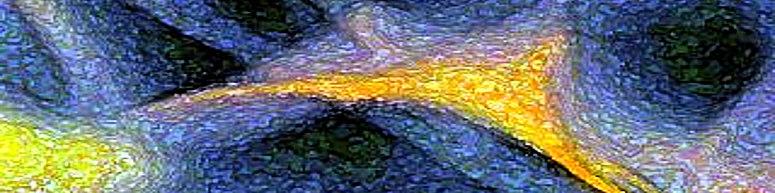 Detail from Crossroads, a painting by Nathan Wilson: luminous golden paths intersecting across a textured field of blues and greens